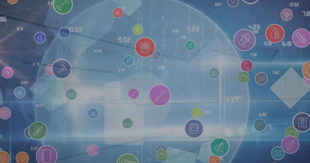 Digital image of network of digital icons floating against blue background. Computer interface and...