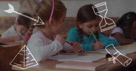 Image of arrow, hourglass, pyramid and paper roll over class of diverse pupils learning. School,...