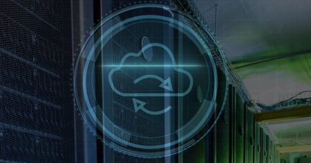 Cyber security text over round scanner against empty computer server room. Cyber security and...