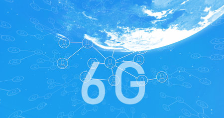 Image of 6g text over network of connections and globe. Global data processing, connections and...