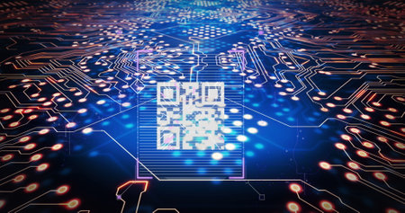 Image of integrated circuit and qr code on navy background. Computers, technology, connections and data processing concept digitally generated image.の写真素材