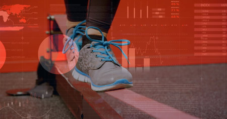 Image of statistics and data processing over caucasian woman walking on bar. Global sports,...