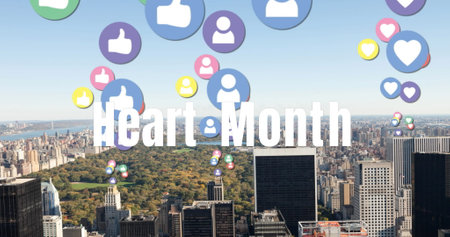 Image of heart month text and falling social media icons over cityscape. Heart month concept...