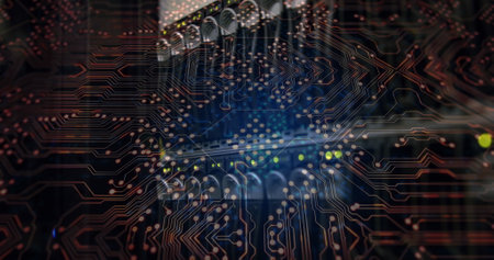 Image of integrated circuit over servers. Computers, network, data processing and technology concept...