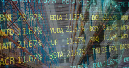 Image of data processing over warehouse. Global business and digital interface concept digitally...
