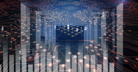 Image of data processing over computer circuit board. Global data processing, connections and cloud computing concept digitally generated image.の写真素材