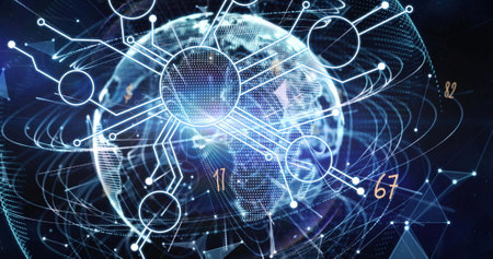 Image of microprocessor connections over light trails and globe against black background. Global...