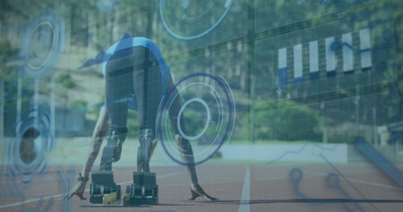 Image of data processing over disabled african american male runner. Global sport and digital...