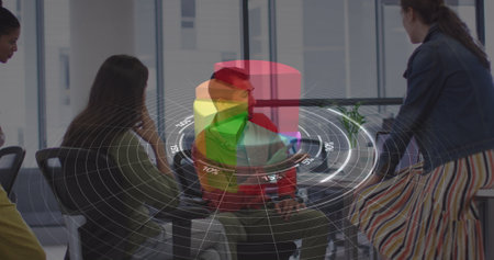 Image of financial data processing over diverse group of business people. Global business, finances,...