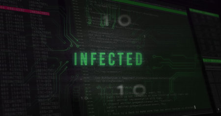 Infected text and microprocessor connections against digital interface with data processing. Cyber security and computer interface technology conceptの写真素材