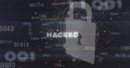 Image of data processing over hacked text. Global business and digital interface concept digitally...