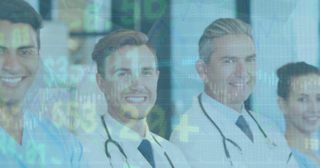 Image of data processing over diverse doctors smiling. Global medicine and digital interface concept digitally generated image.の写真素材