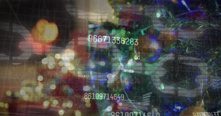 Image of data processing over light spots. Global business and digital interface concept digitally...