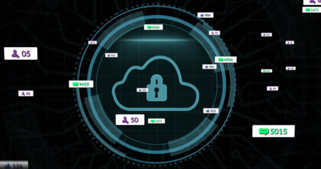Image of social media icons and numbers with data processing over cloud. Global data processing,...