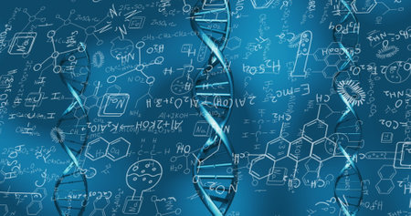 Image of dna rotating over chemical formulas on blue background. Science, biology, data processing and technology concept digitally generated image.の写真素材