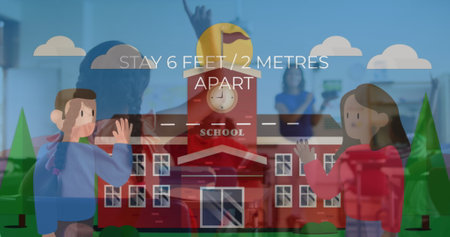 Image of school icons over diverse schoolchildren with teacher. Global education and digital interface concept digitally generated image.の写真素材