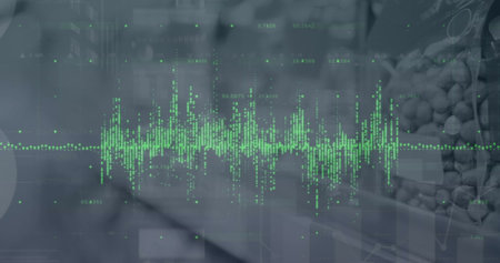Image of graphs and globe over market stands. Global crisis, food prices, finance and economy concept digitally generated image.の写真素材