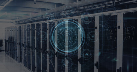 Image of data processing with icons over computer servers. Global data processing, connections and...