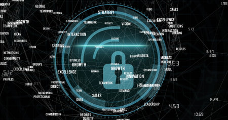 Image of cyber security and padlock in circle texts on black background. Internet safety, data...