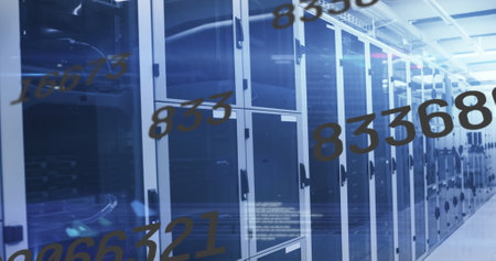 Image of changing numbers over server room. Network, computers and technology concept digitally...