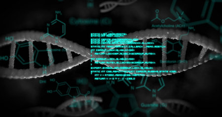 Image of dna rotating over scientific data on black background. Science, biology, data processing...