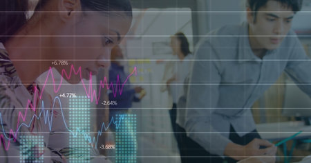 Statistical data processing over diverse male and female engineers working at office. Global finance...