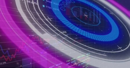Image of clock over science data processing. Social media image game and global communication...