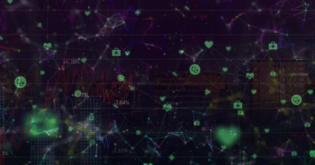 Image of network of connections with icons on black background. Finance, data processing and...