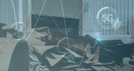 5g text over multiple round scanners and graphs moving against scrap metal at junkyard. Global...