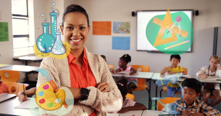 Image of school icons over diverse schoolchildren with teacher. Global education and digital...