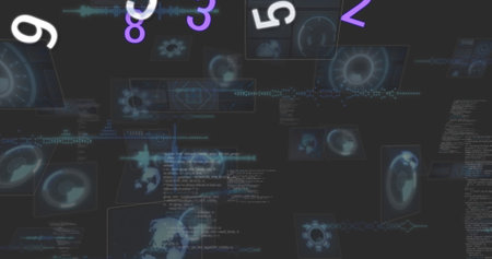 Image of numbers over data processing on black background. Computers, network, data processing and...