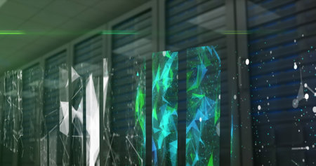 Image of shapes and connections moving over servers. Data processing, network, connections and...