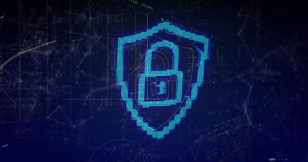 Security padlock shield icon over network of connections against blue background. Global networking...