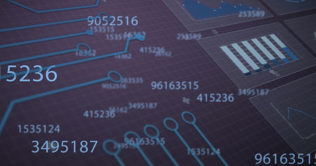 Image of integrated circuit and changing numbers on violet background. Computers, network, data processing and technology concept digitally generated image.の写真素材
