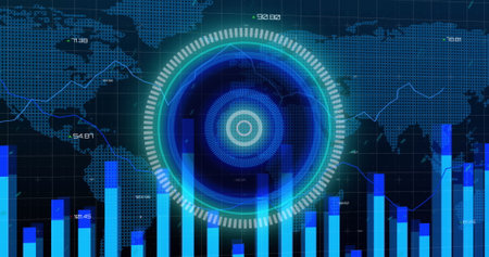 Image of processing circle, data and world map on black background. Finance, economy and data processing concept digitally generated image.の写真素材