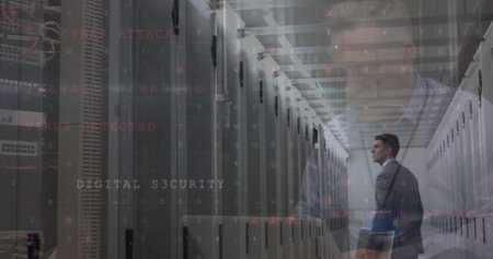 Image of data processing over diverse business people in server room. Global technology, computing...