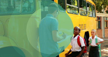 Image of shapes over diverse schoolchildren in school bus. Global education and digital interface...