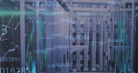 Image of changing numbers over servers. Computers, network, data processing and technology concept...