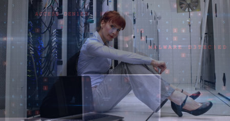 Image of data processing over caucasian businesswoman in server room. Global technology, computing...
