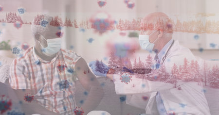 Image of virus cells over caucasian male doctor with patient. Global business and digital interface...