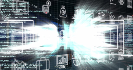 Image of icons over data processing and light trails on black background. Global business and...