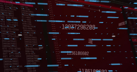 Streaming data on dashboard showing red code columns white numeric values, blue bars. Technology,...