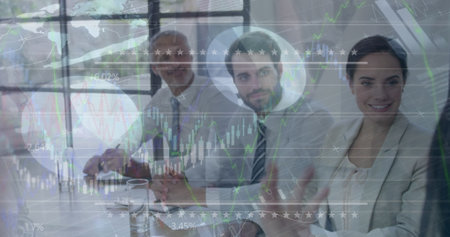 Image of data processing over diverse business people at meeting. Global business and digital...