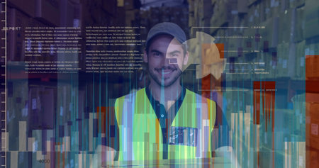Image of data processing over caucasian male worker holding a delivery box smiling at warehouse. Logistics business and technology conceptの写真素材