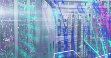 Image of colourful data processing over motherboard and computer servers in server room. Global...