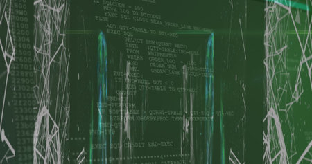 Image of data and shapes on black and green background. Network, connections and technology concept digitally generated image.の写真素材