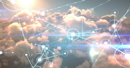 Image of multiple numbers and glowing network of connections against clouds in the sky. Global networking and business technology conceptの写真素材