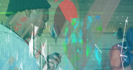Image of connections and graphs over male trainer on box ring. Sport, finance and business concept...