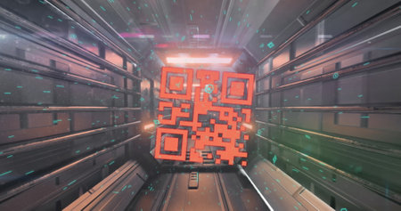 Floating red QR code pulsing in futuristic metallic corridor, with green data particles. Futuristic,...