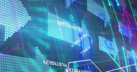 Image of data processing and statistics over grid on blue background. Global business connections...